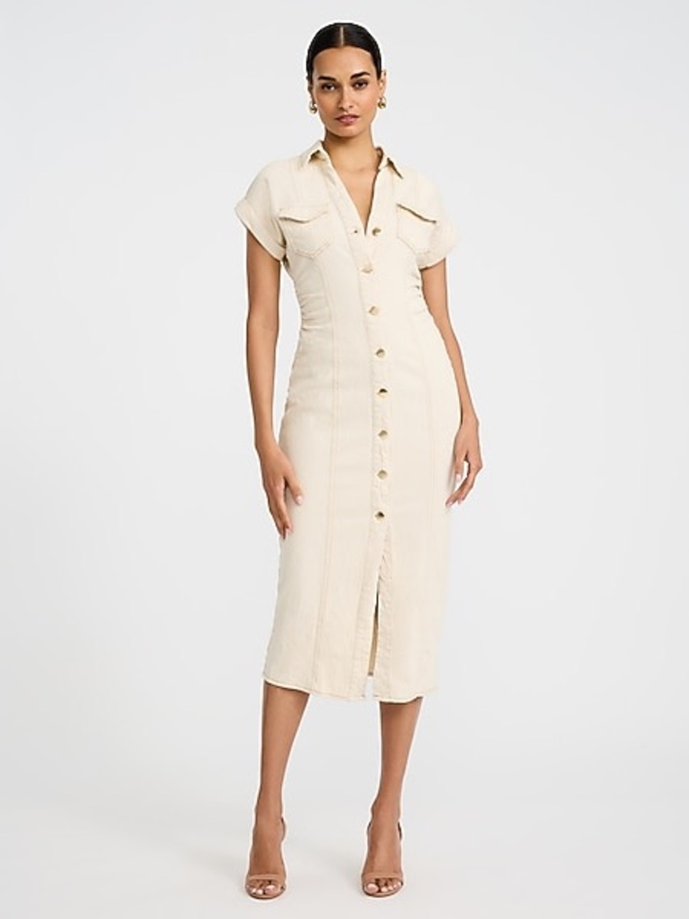 Zara Cream Denim Button Front Bodycon Midi Sheath Dress Size Small